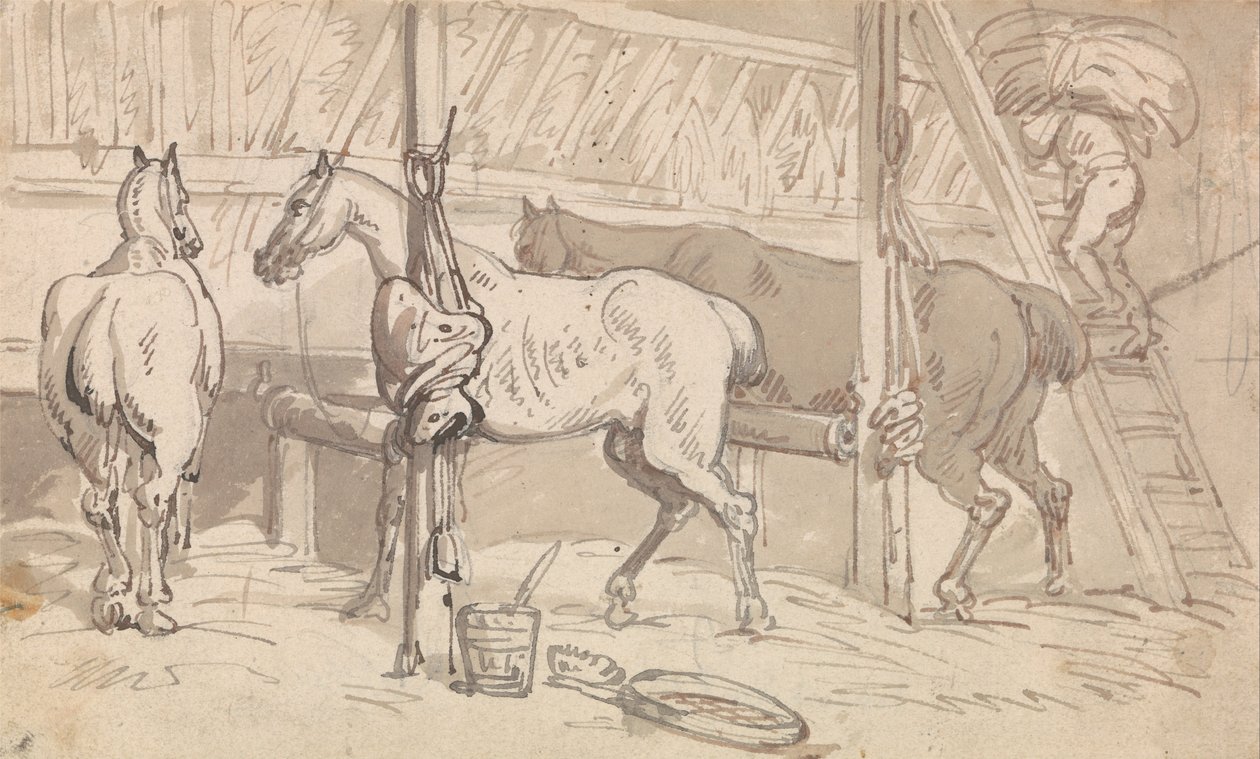 Három ló a bódékban alkotó: Thomas Rowlandson