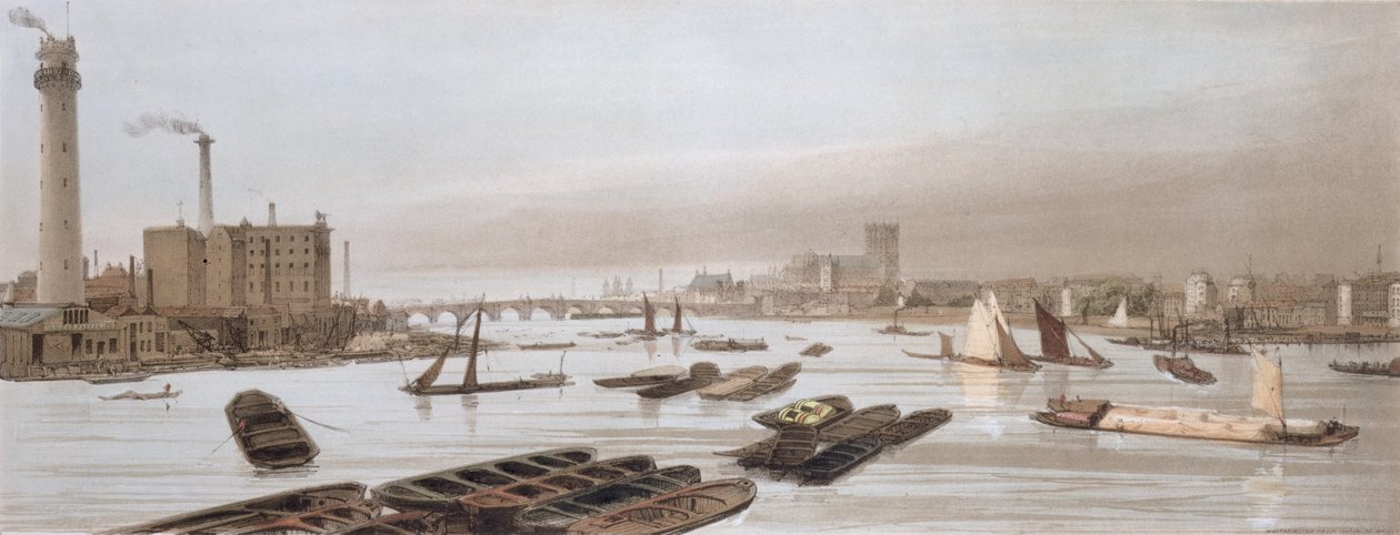 Westminster a Waterloo Bridge-ről, benne a Shot Tower-vel, a „London As It Is”-ből, a művész metszett és kiadta, 1842 (lásd: 14208) alkotó: Thomas Shotter Boys