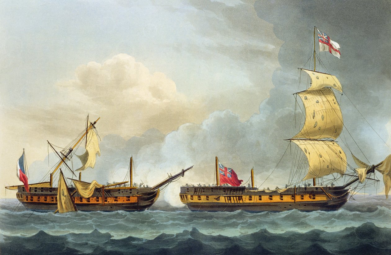 La Fique elfogása, 1795. január 5., James Jenkins „The Naval Achievements of Great Britain” című művéből, Thomas Sutherland (sz. e. 1785) metszete, 1816-ban megjelent (kézzel színezett akvatinta) alkotó: Thomas Whitcombe