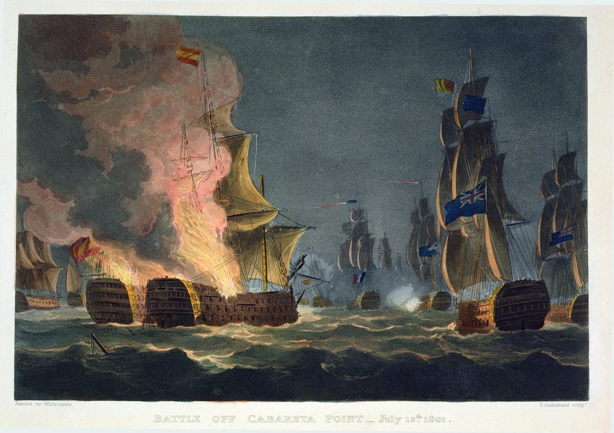 A Cabareta Point-i csata, 1801. július 12., vésette Thomas Sutherland J. Jenkins „Naval Achievements” című művéhez, 1816 (színes metszet) alkotó: Thomas Whitcombe