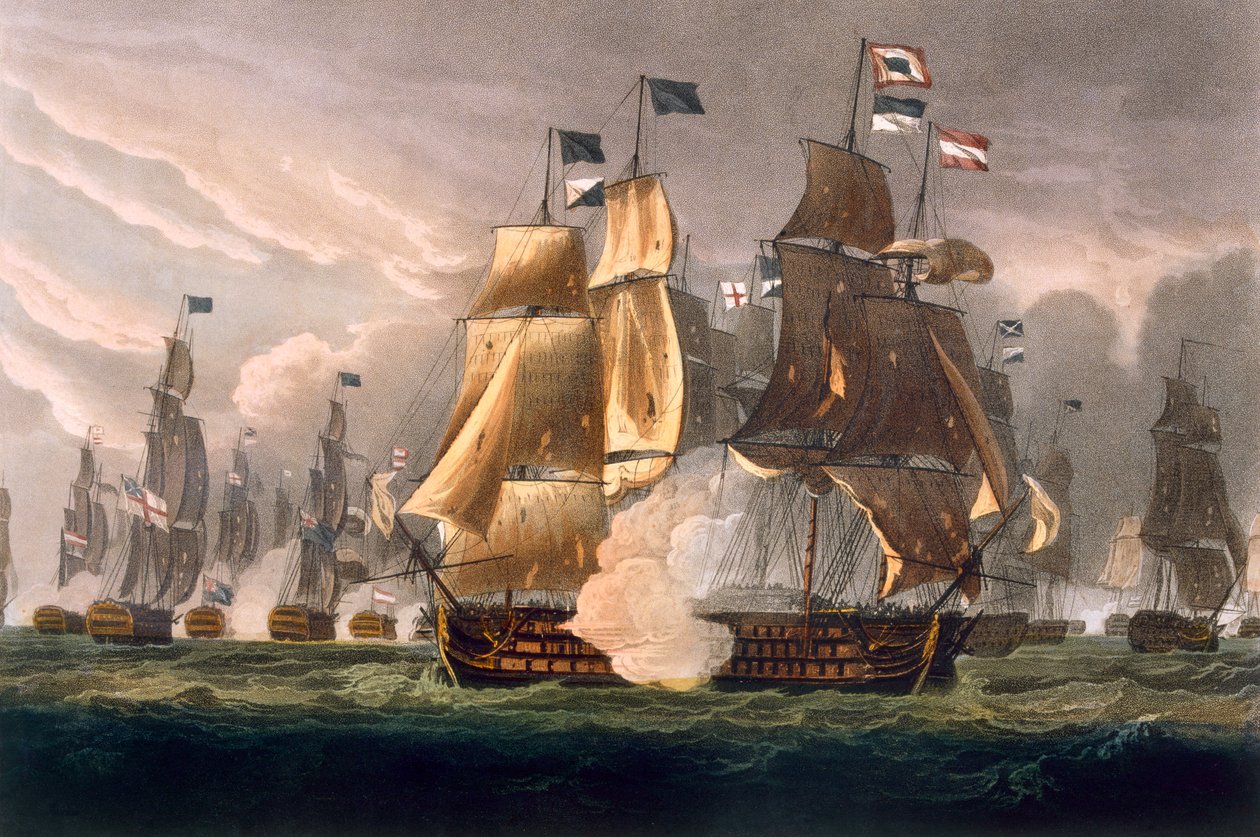 A Szent Vincent-foki csata, 1797. február 14., J. Baily metszete J. Jenkins "Naval Achievements" című művéhez, 1816 (színes metszet). alkotó: Thomas Whitcombe