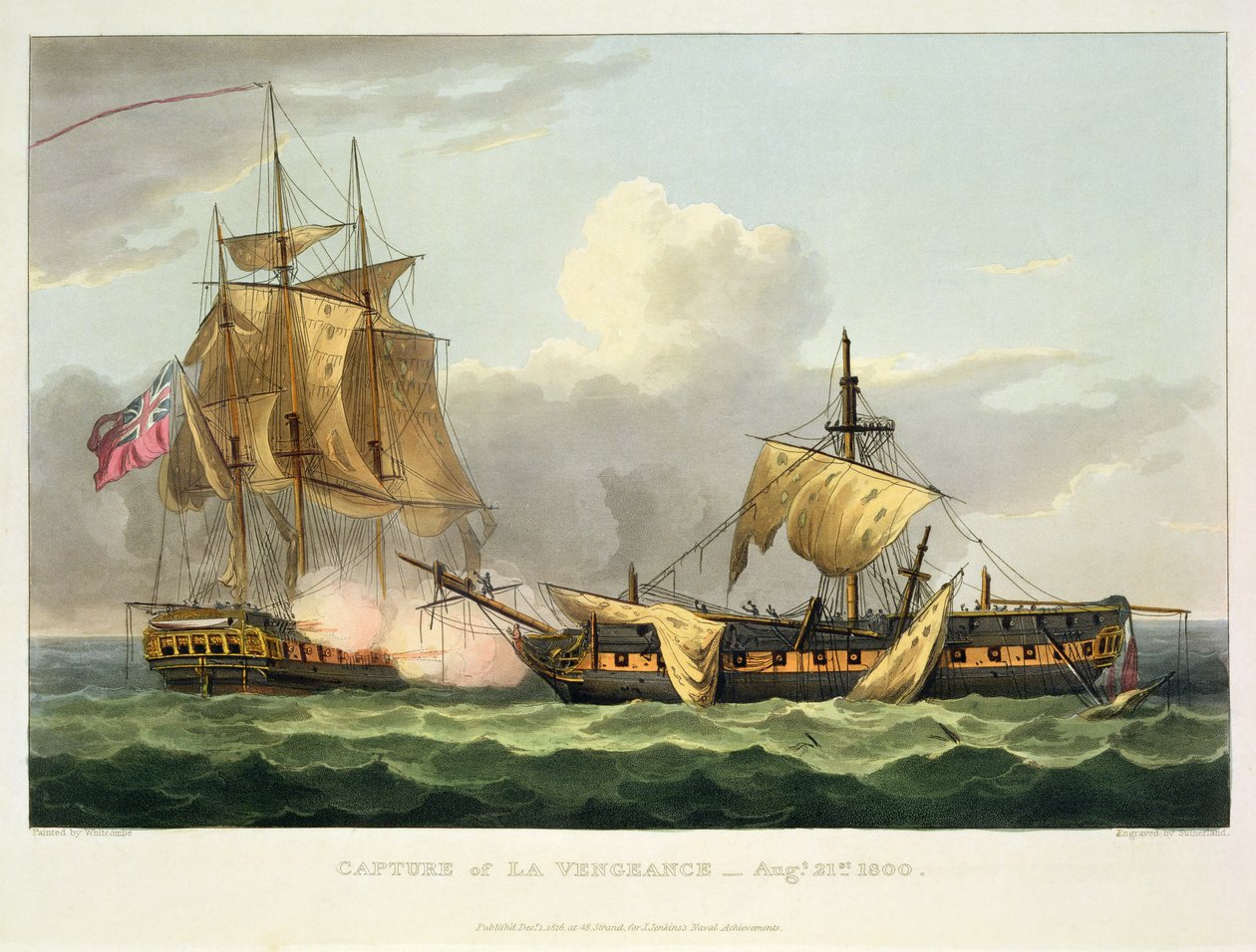 A La Vengeance elfoglalása, 1800. augusztus 21., Thomas Sutherland metszete J. Jenkins "Naval Achievements" című művéhez, 1816 (színes metszet). alkotó: Thomas Whitcombe