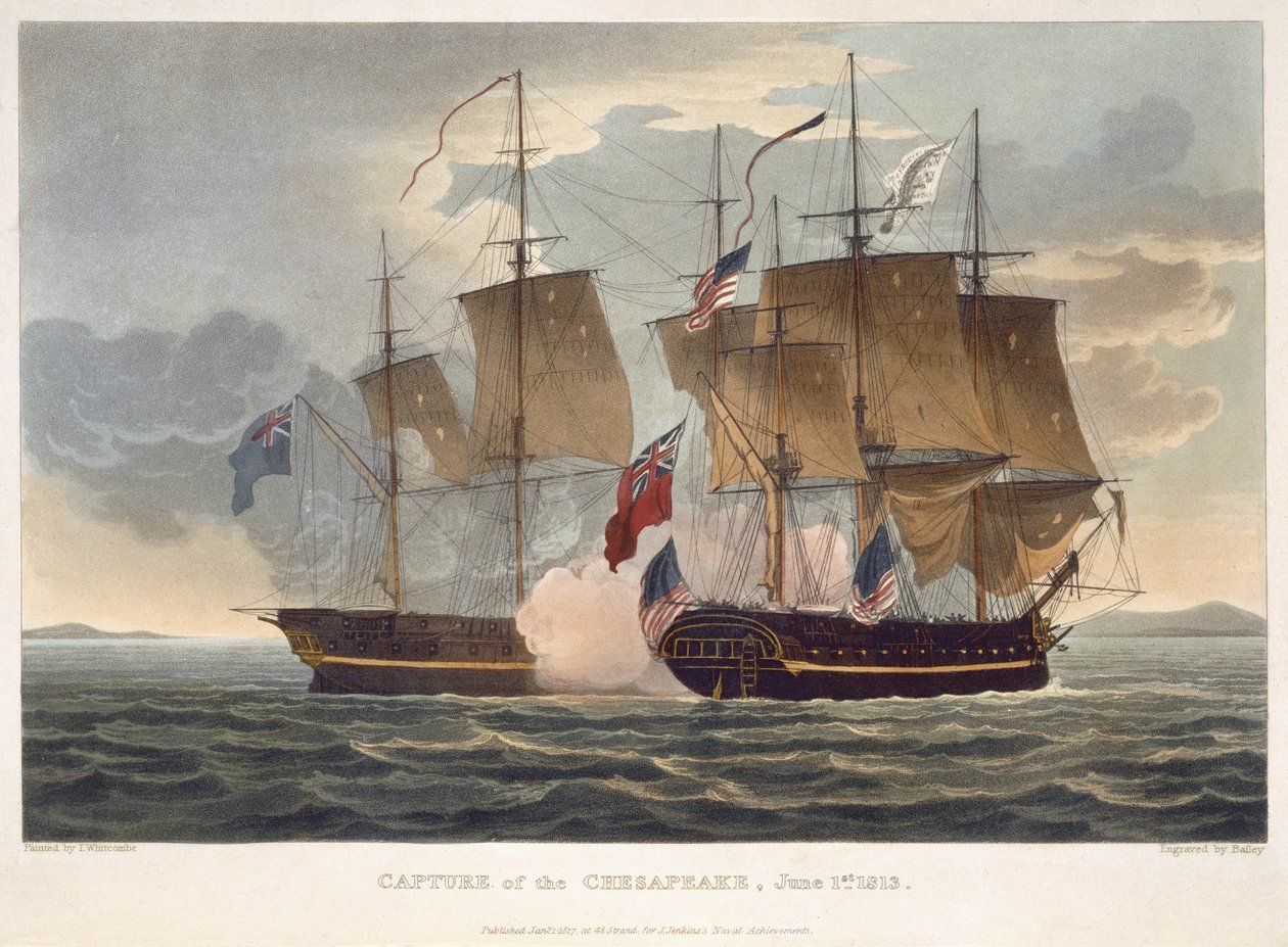 The Capture of the Chesapeake, 1813. június 1., vésette Bailey J. Jenkins „Naval Achievements” című művéhez, 1816 (színes metszet) alkotó: Thomas Whitcombe
