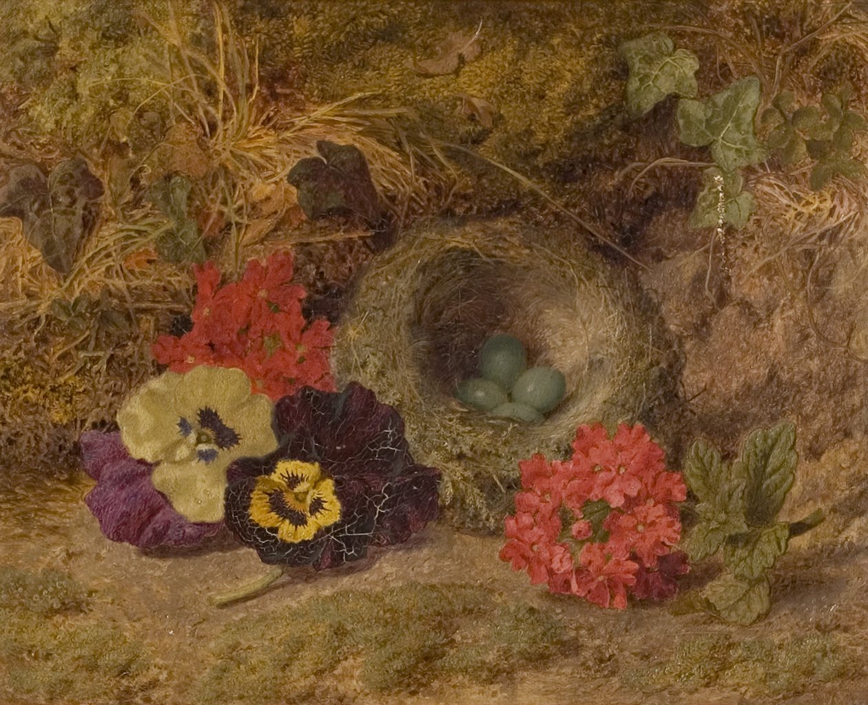 Madárfészek, árvácskák és verbéna, 19. század vége alkotó: Thomas Worsey