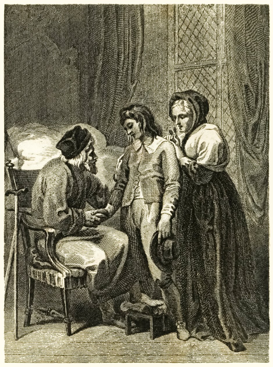 A "Robinson Crusoe" címlapillusztráción Crusoe búcsúzik apjától és anyjától. Daniel Defoe "Robinson Crusoe, avagy York tengerész élete és különös, meglepő kalandjai" című művéből. alkotó: Thomas Stothard