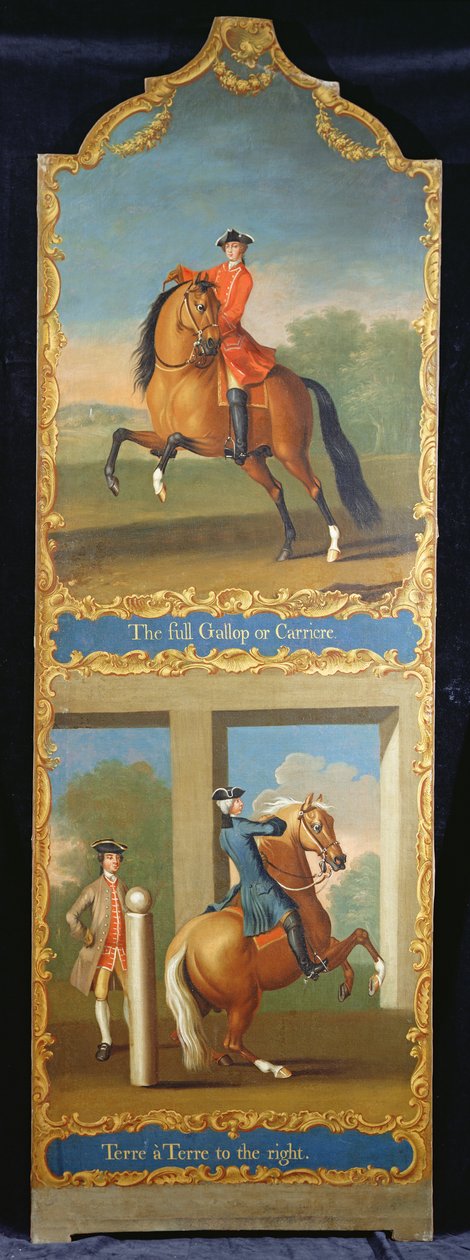 „The Full Gallop or Carriere” (fent) és „Terre a Terre jobbra” (lent), 1750 körül alkotó: Thomas, of Pall Mall Butler