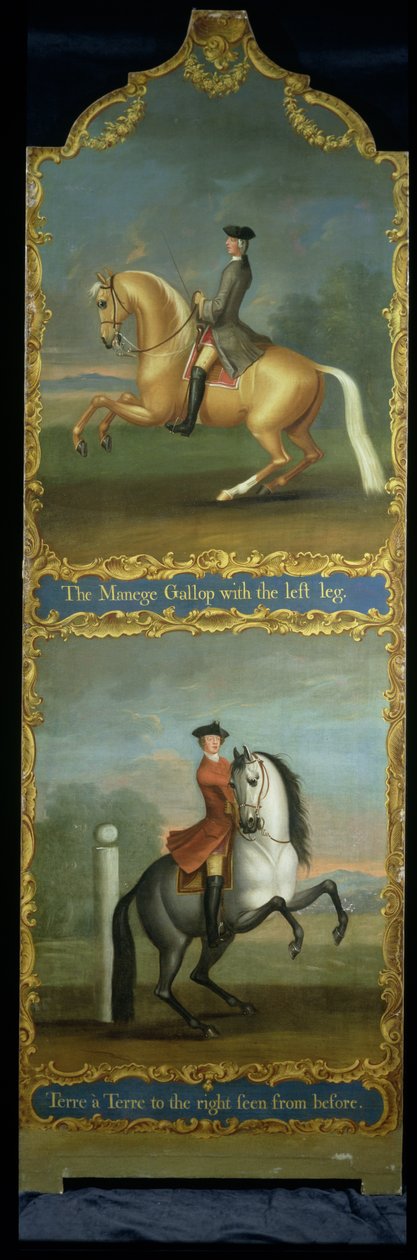 "The Manege Gallop or Carriere" (fent) és "Terre a Terre jobbra azelőtt nézve" (alul), 1750 körül alkotó: Thomas, of Pall Mall Butler