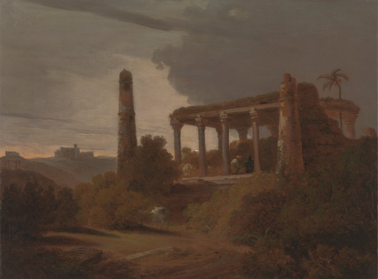 Indiai táj templomromokkal alkotó: Thomas Daniell