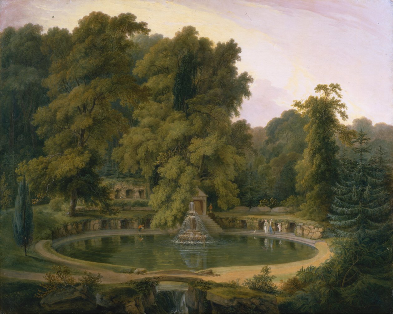 Templom, szökőkút és barlang a Sezincote parkban alkotó: Thomas Daniell