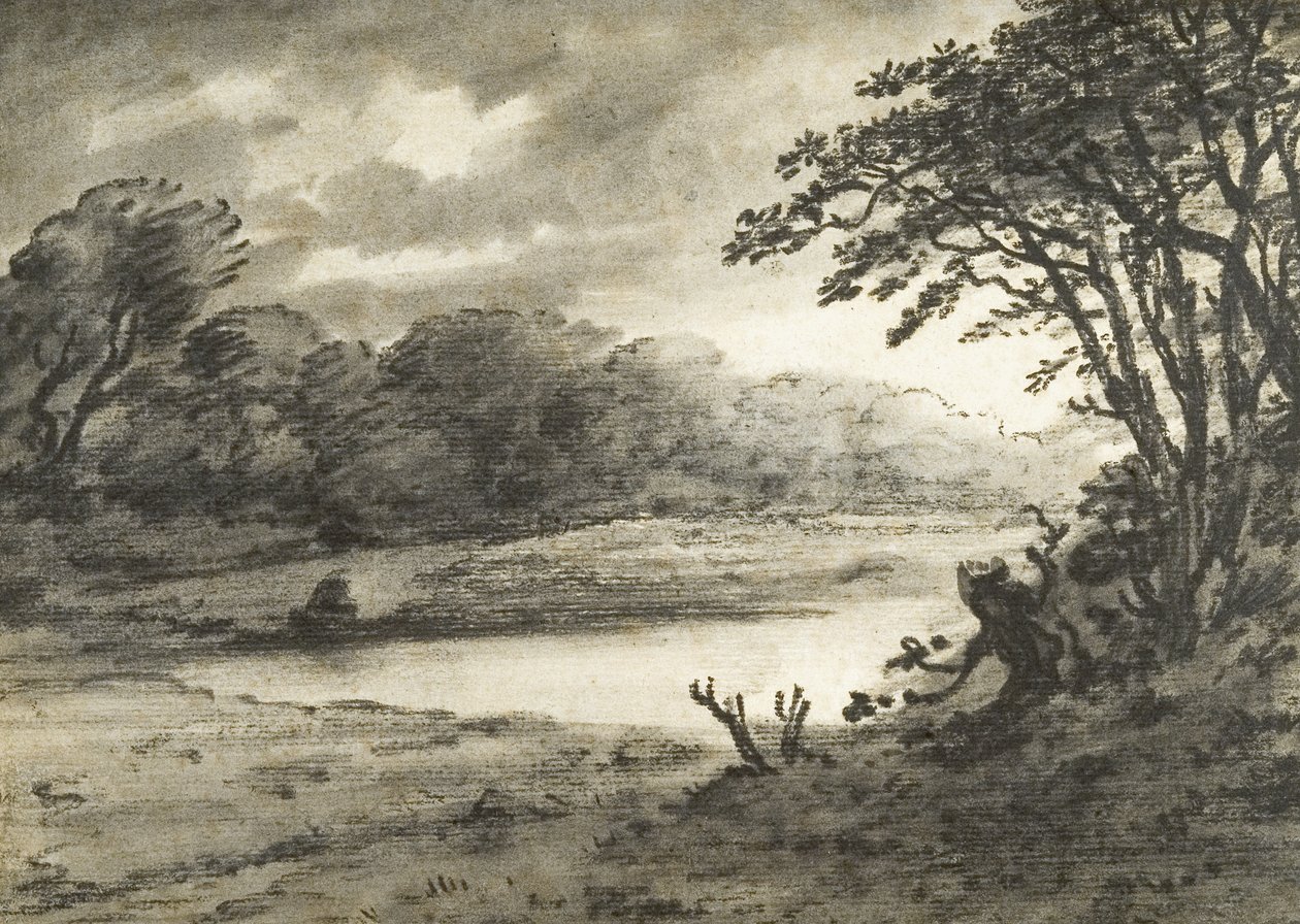 Tavaszi jelenet (szén és mosás, papír) alkotó: Thomas Monro