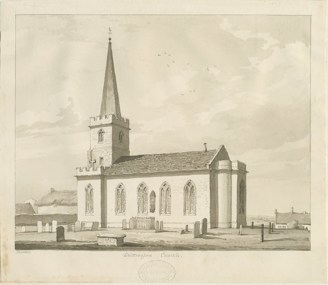 Whittington templom: szépia rajz alkotó: Thomas Peploe Wood