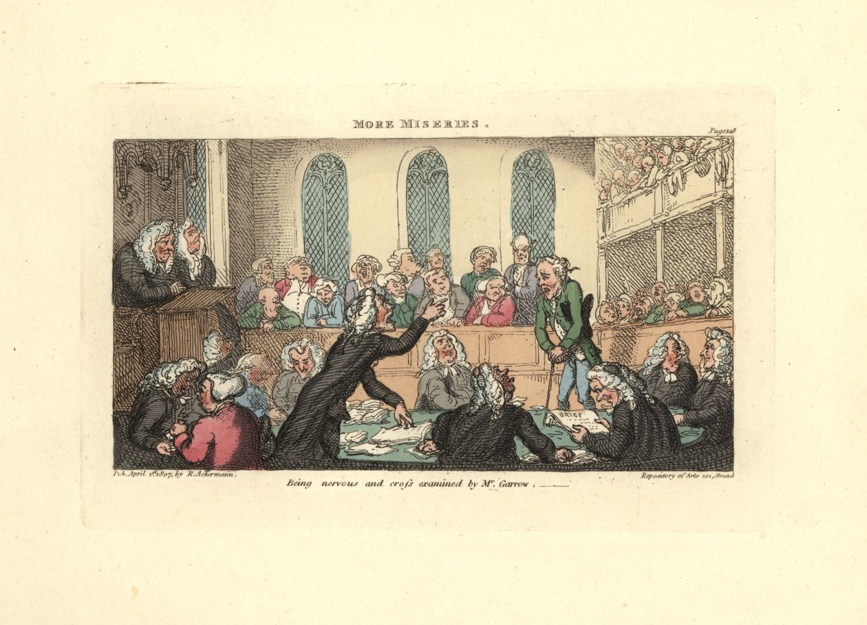 Ideges volt, és Mr. Garrow keresztkérdésben van. alkotó: Thomas Rowlandson