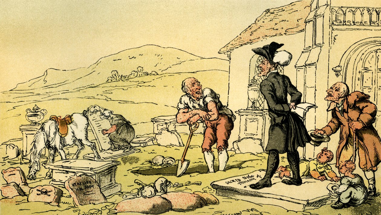 "Dr. Syntax meditál a sírköveken" alkotó: Thomas Rowlandson