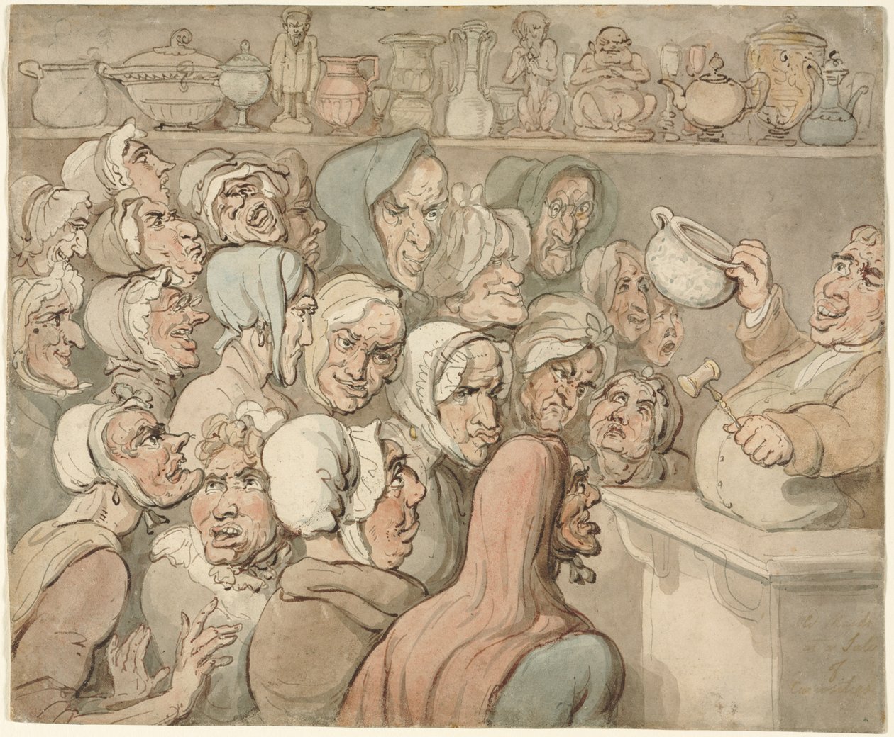 Öreglányok érdekességek kiárusításán. alkotó: Thomas Rowlandson