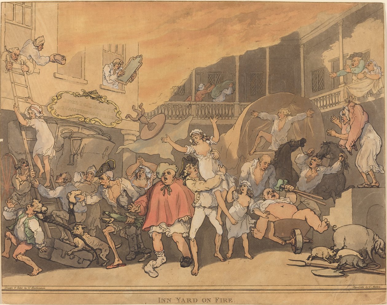A fogadó udvar lángokban áll alkotó: Thomas Rowlandson