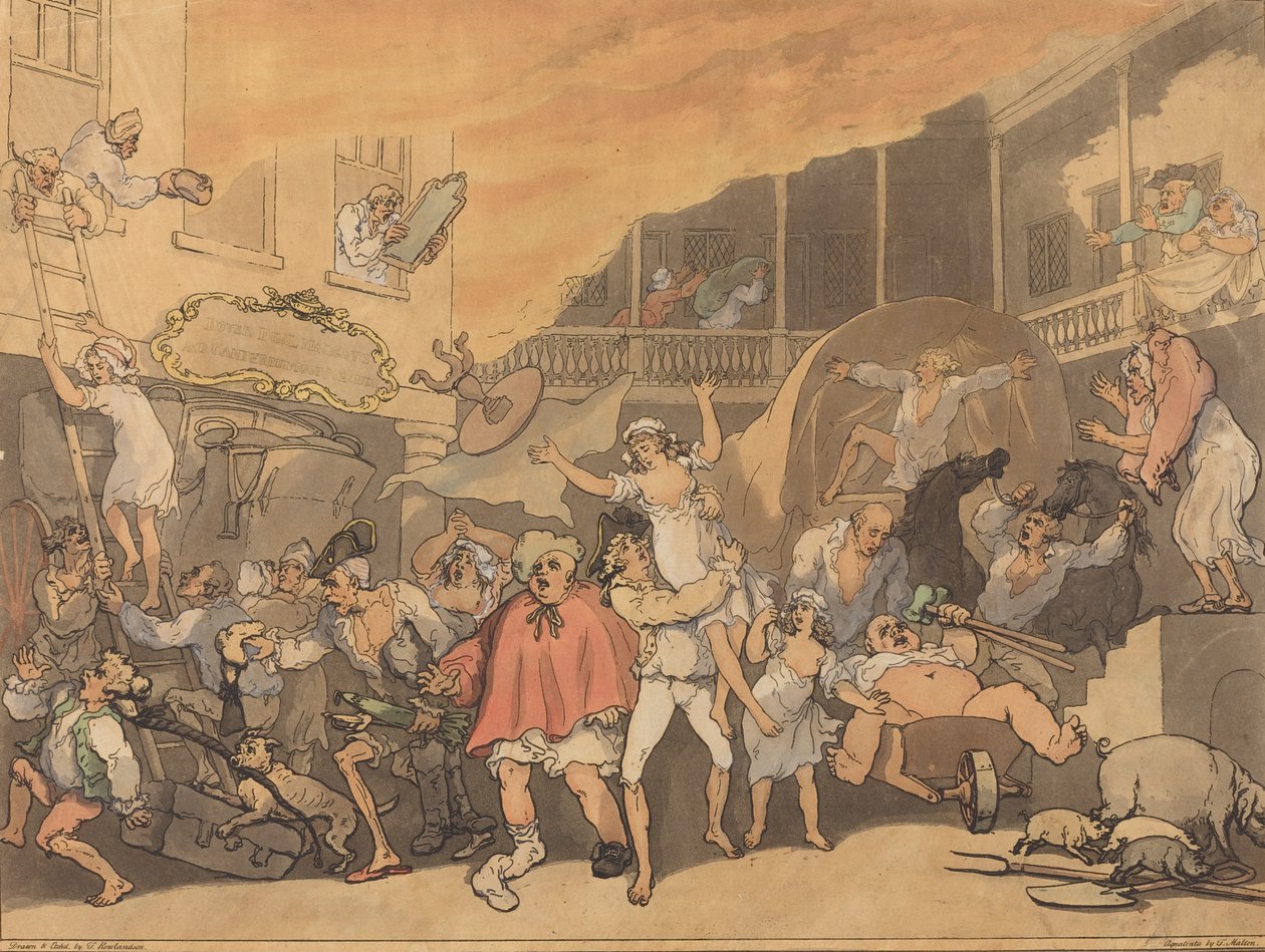 A fogadóudvar lángokban áll, 1791. alkotó: Thomas Rowlandson