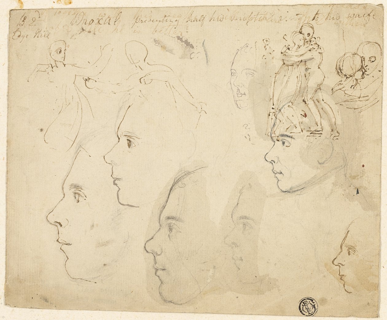 Vázlatok a férfi profilokról, pár ölelkezés alkotó: Thomas Stothard