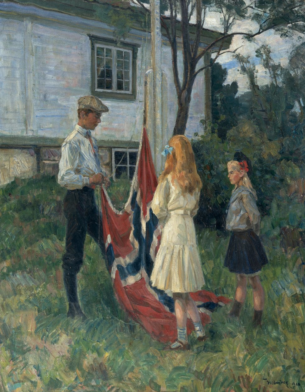 A gyerekek felvonják a norvég zászlót alkotó: Thorolf Holmboe