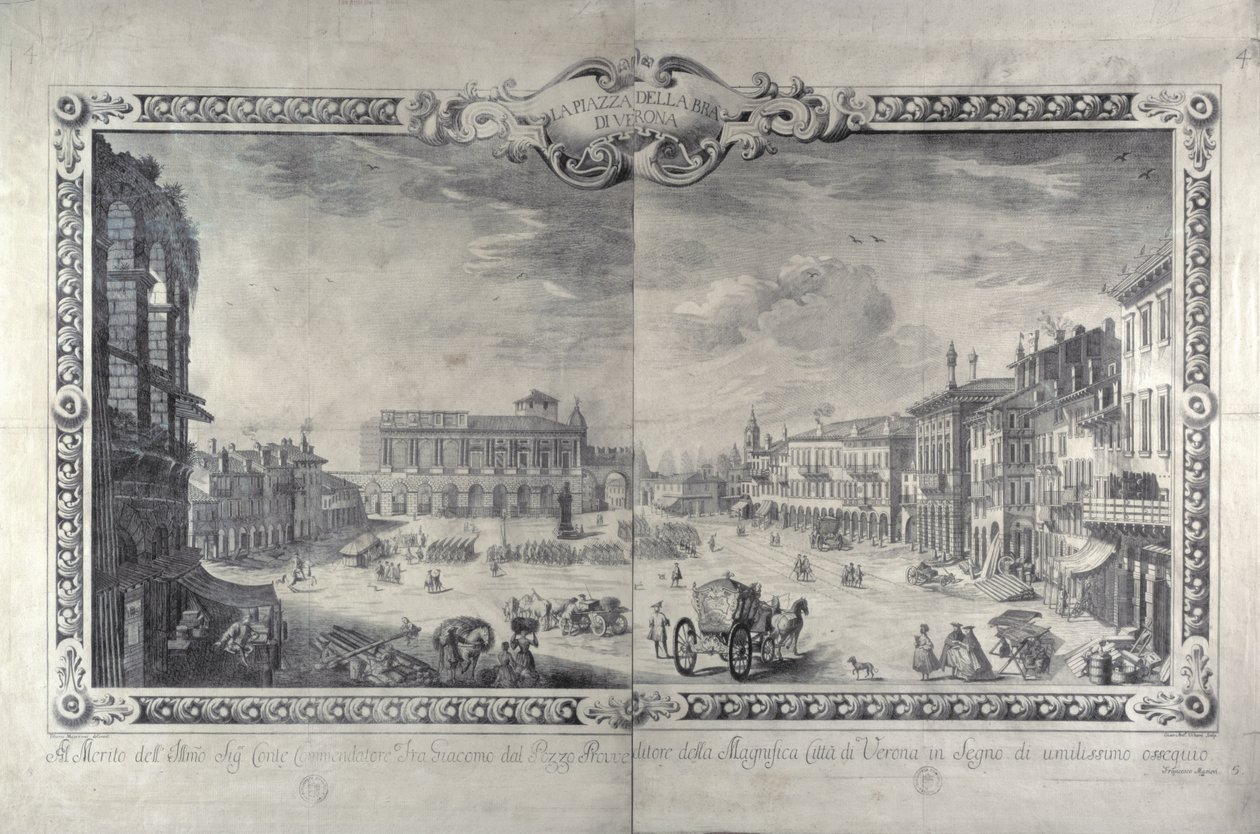 Piazza della Bra, Verona, Gianantonio Urbani metszete, 1700 körül. alkotó: Tiberio Majeroni
