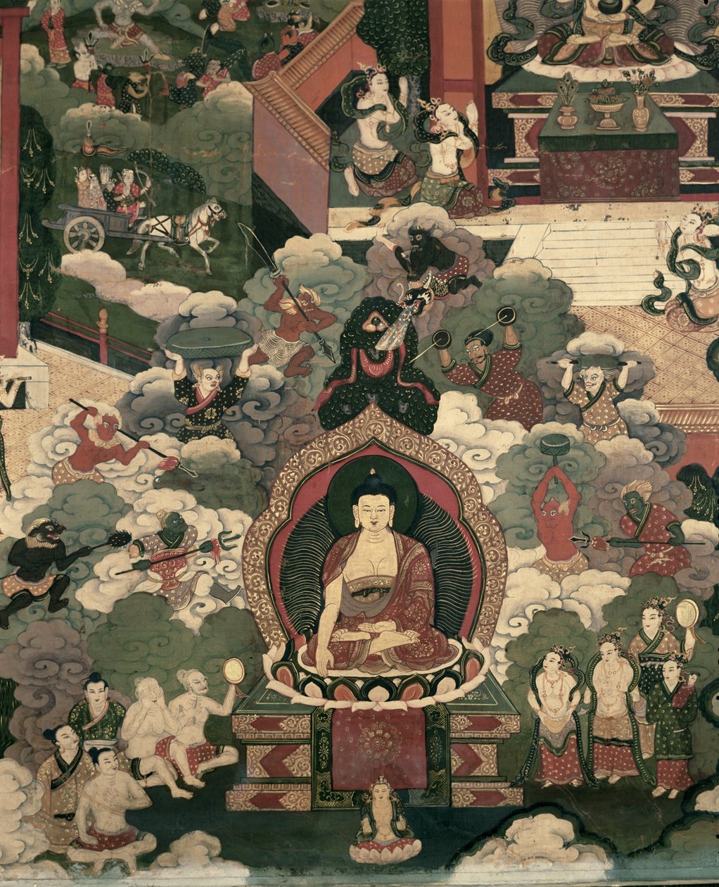 Sákjamuni Buddha élete, Mára seregei megtámadják az áldottakat (selyemre festve) alkotó: Tibetan School