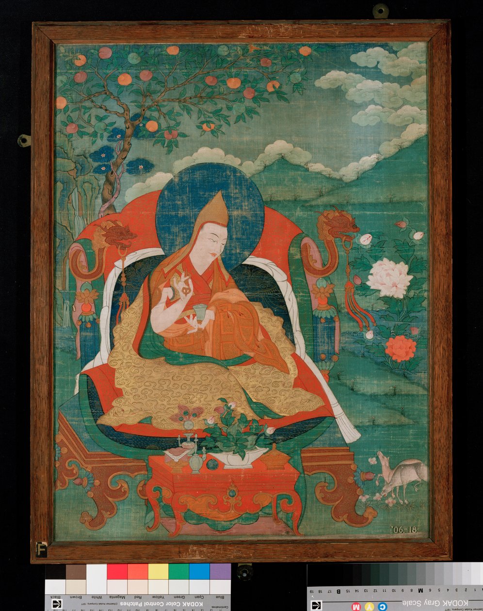 Thangka festmény, amely a lámaizmus Sárga Kalap Atyja szektáját, Gelupga Lámát mutatja be, 1700-1825 körül (repedés a vásznon) alkotó: Tibetan School