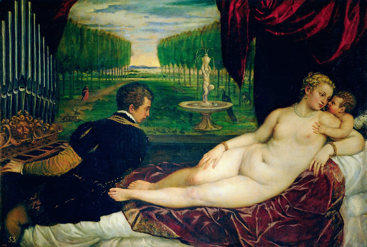 Vénusz orgonistával és Ámorral, 1540-50 körül alkotó: Tiziano Vecelli