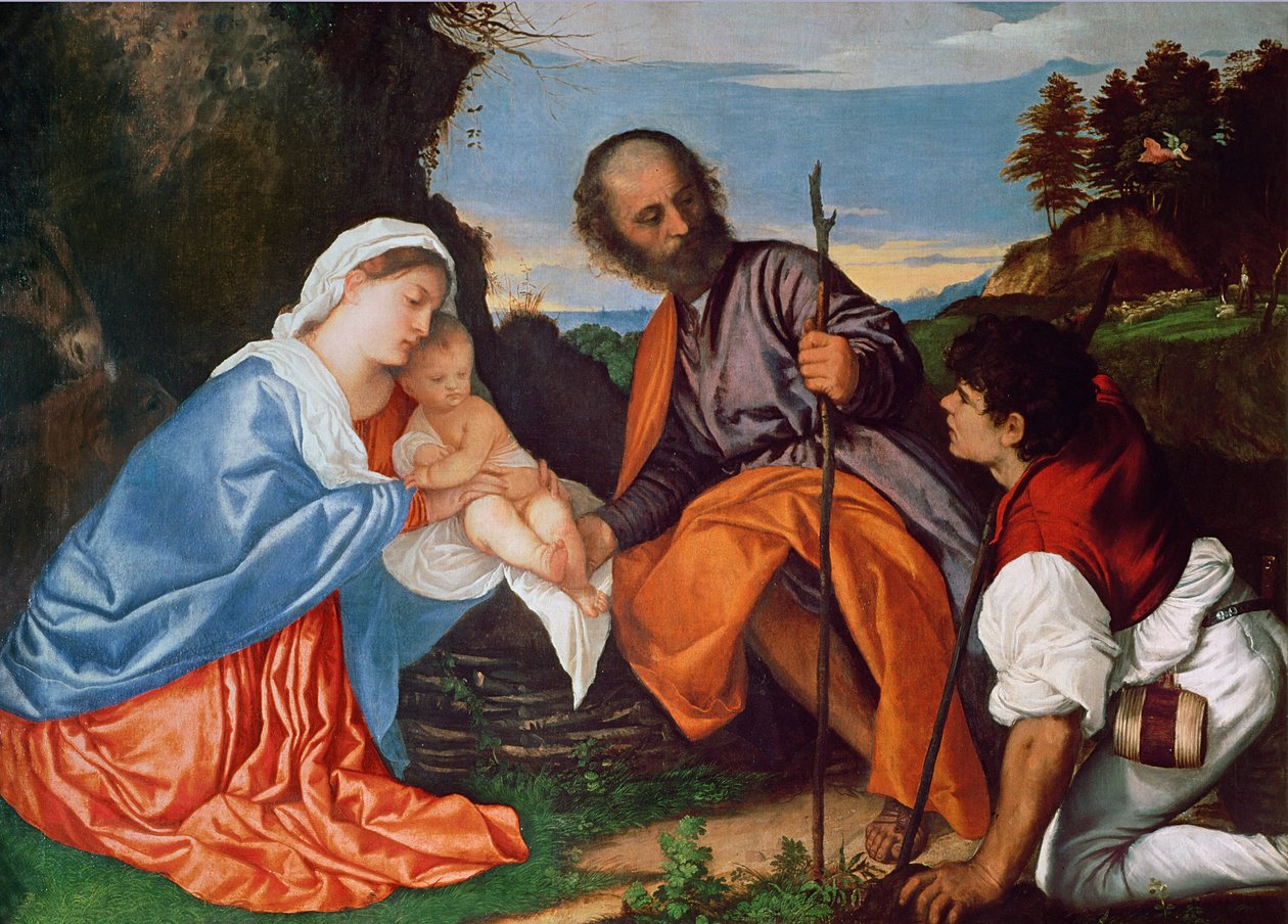 A Szent Család és egy Pásztor, 1510 körül alkotó: Tiziano Vecelli