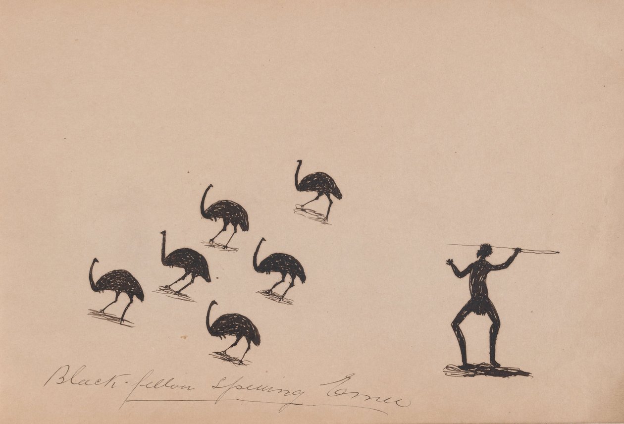 Kwatkwat emberek - Fekete fickó spearing emu -Sketchbook of Aboriginal activities alkotó: Tommy McRae