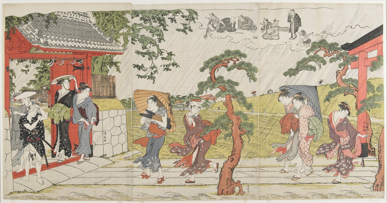 Hirtelen zápor a Mimeguri szentélyben, 1787 alkotó: Torii Kiyonaga