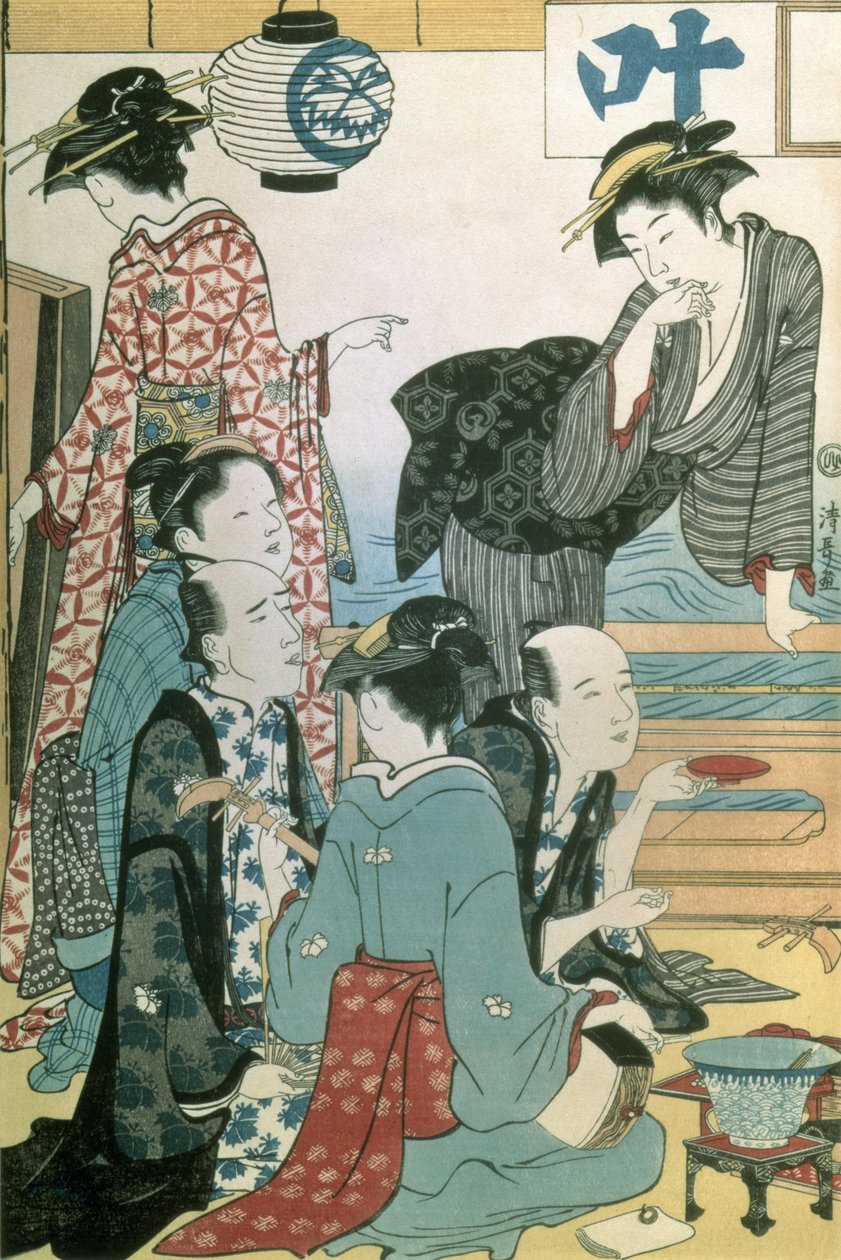 Nők a meleg negyedből, bal oldali diptichon tábla (színes fatömbnyomat) (lásd még: 114572) alkotó: Torii Kiyonaga