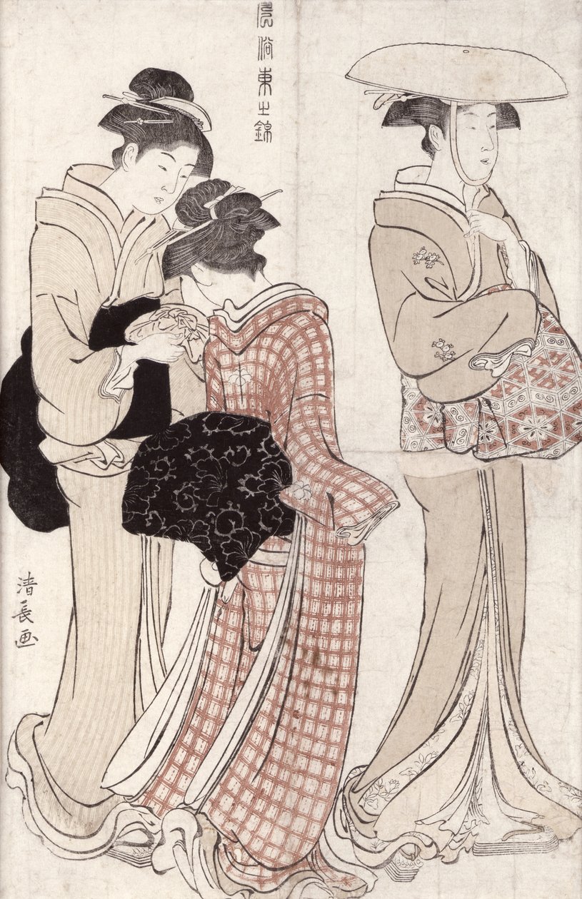 Fiatal nő, széles szalmakalapot viselő, majd egy szolga és egy társ, aki furoshikit cipel, a Fuzoku Azuma no nishiki (Edo divatos szépségei) sorozatból, 1783 (színes fatömb p. alkotó: Torii Kiyonaga