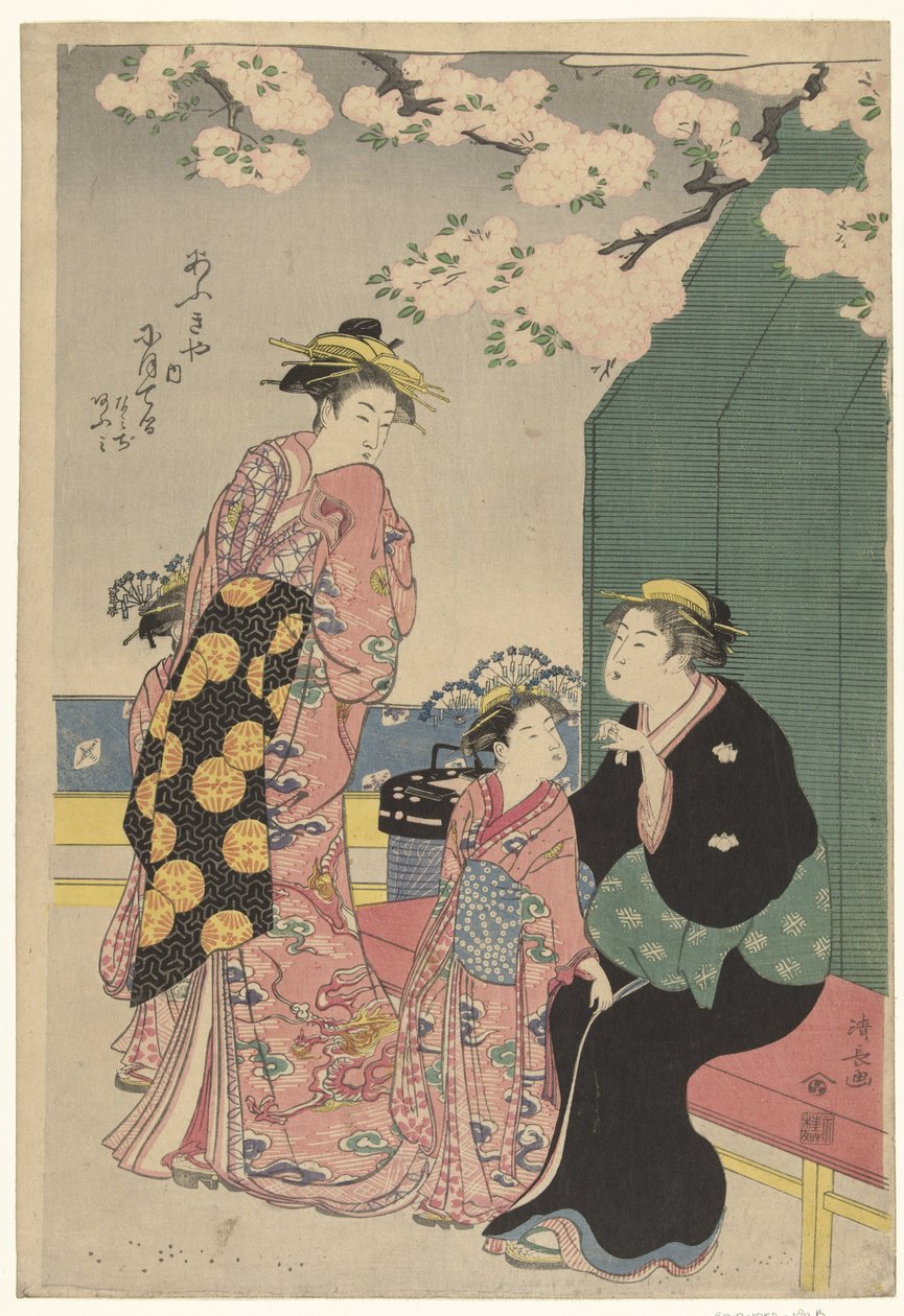 Courtesan két kísérővel cseresznyevirág alatt alkotó: Torii Kiyonaga