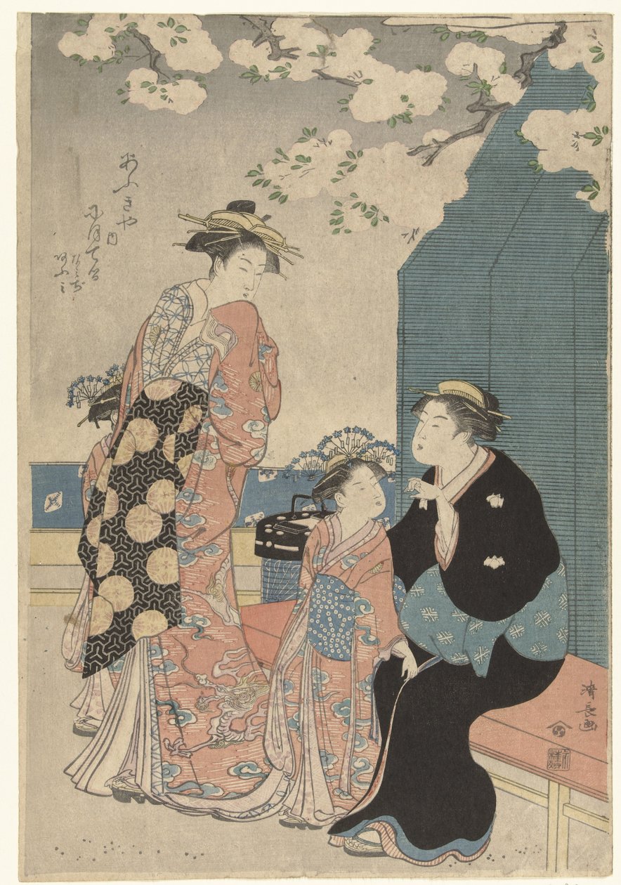 Courtesan két kísérővel cseresznyevirág alatt alkotó: Torii Kiyonaga