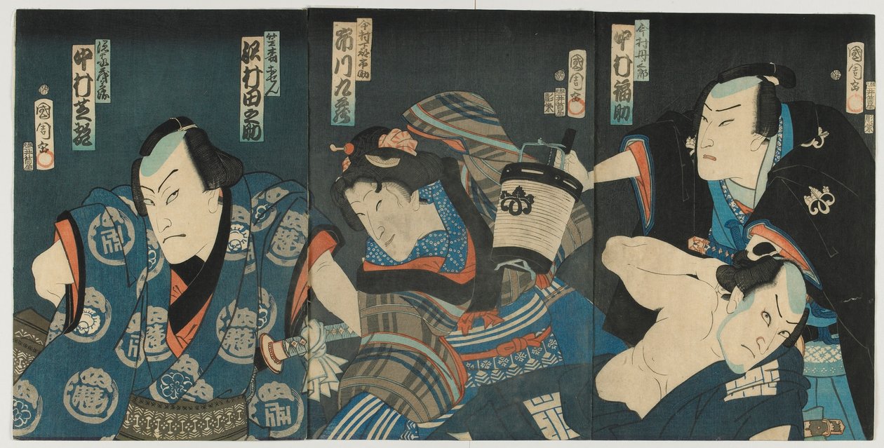 Jelenet egy Kabuki-drámából, Edo-korszak, 1865 (színes fatömbnyomat) alkotó: Toyohara Kunichika