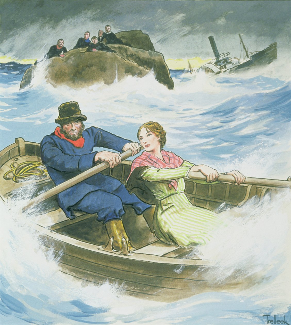 Grace Darling (1815-41) és édesapja az 1838. szeptember 7-i „Forfarshire” hajótörést szenvedett gőzhajó túlélőit mentette meg az 1900 körül megjelent „Kukucskál a múltba” című könyvből. alkotó: Trelleek