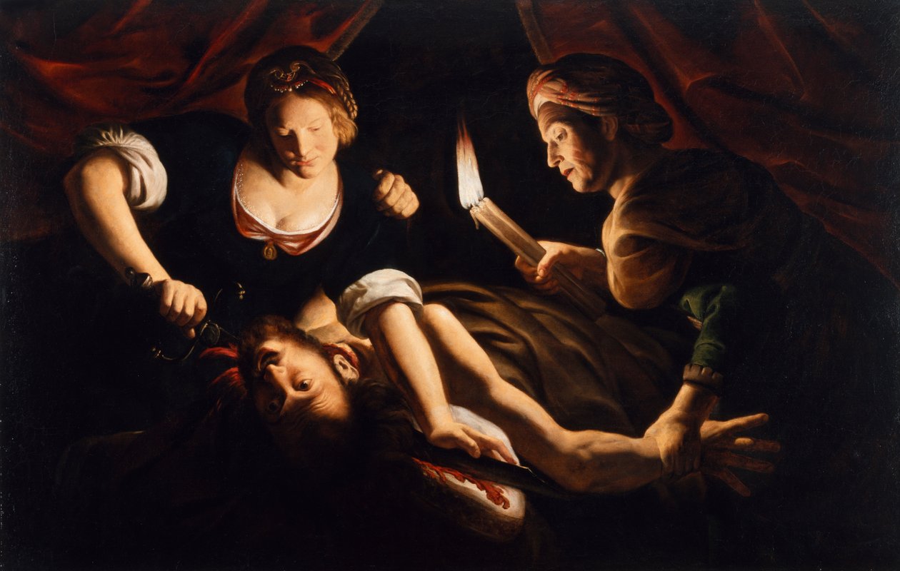 Judith megvágja Holofernes fejét alkotó: Trophime Bigot