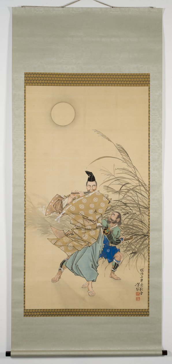 Fujiwara no Yasumasa fuvolán játszik a Holdfényben, késő ősz, 1882 (tinta, szín, lakk, ezüst és arany selyemen) alkotó: Tsukioka Yoshitoshi