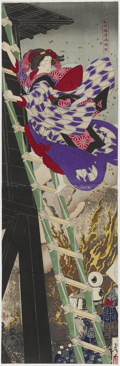 Fenyő, bambusz és szilva: a keretes festmény Yushimában, 1885 (színes fatömbös nyomtatott diptichon) alkotó: Tsukioka Yoshitoshi
