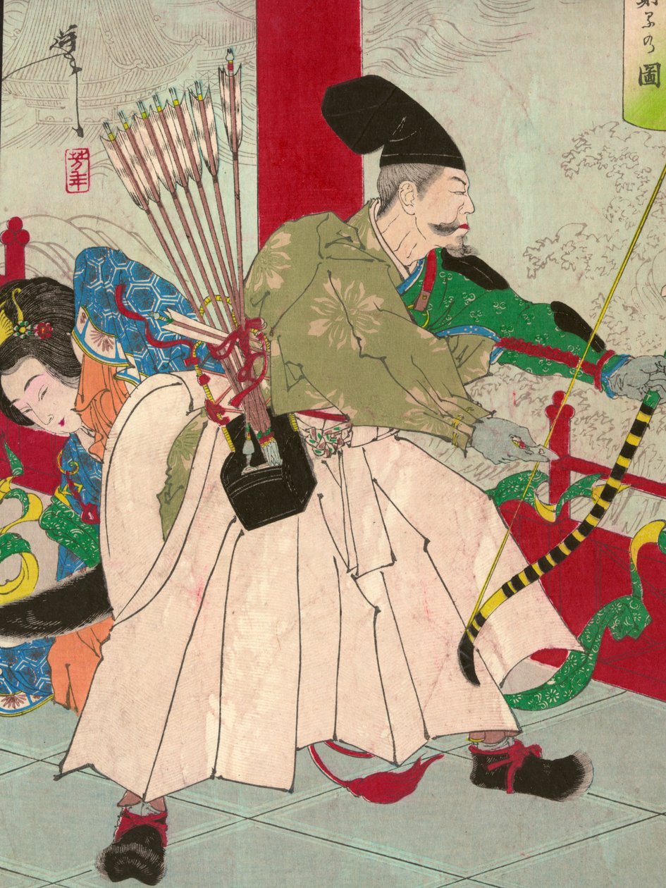 Watanabe no Tsuna, íjjal és nyilakkal, a démon Ibaraki palotájában, kocsmában. 1880 körül (kézzel színezett fatömb) alkotó: Tsukioka Yoshitoshi