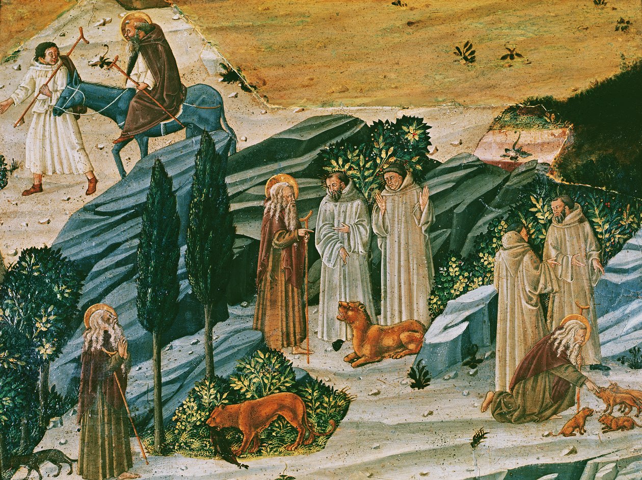 Szent Gerazimus a Thebaid sivatagban az oroszlánnal, akit úgy szelídített meg, hogy eltávolított egy tövist a mancsáról, 1440 körül (tempera a panelen) alkotó: Tuscan School