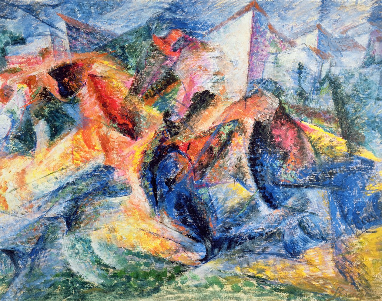 Ló és lovas és épületek, 1914 alkotó: Umberto Boccioni