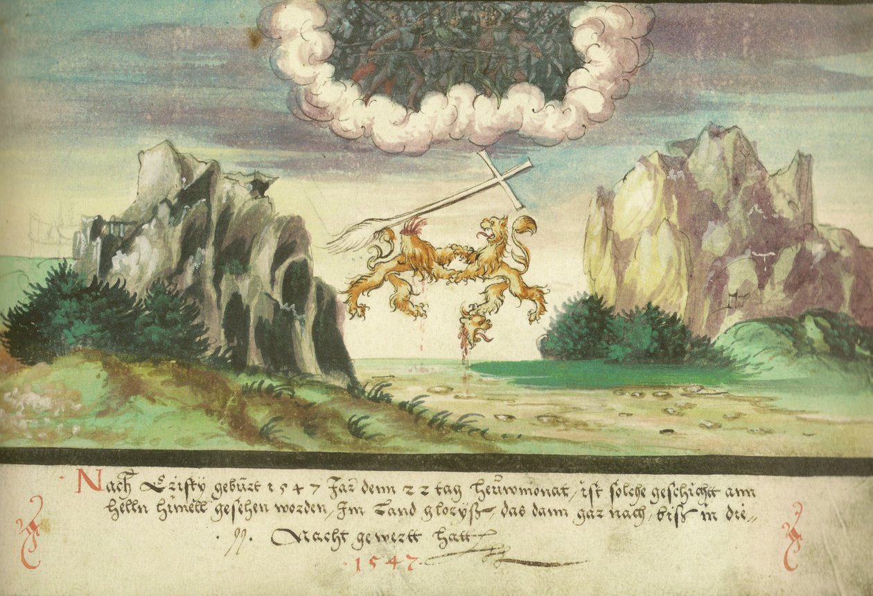 Augsburger Wunderzeichenbuch - Folio 157 - Mennyei csata, Oroszlánok Glarus felett alkotó: Unbekannt Unbekannt
