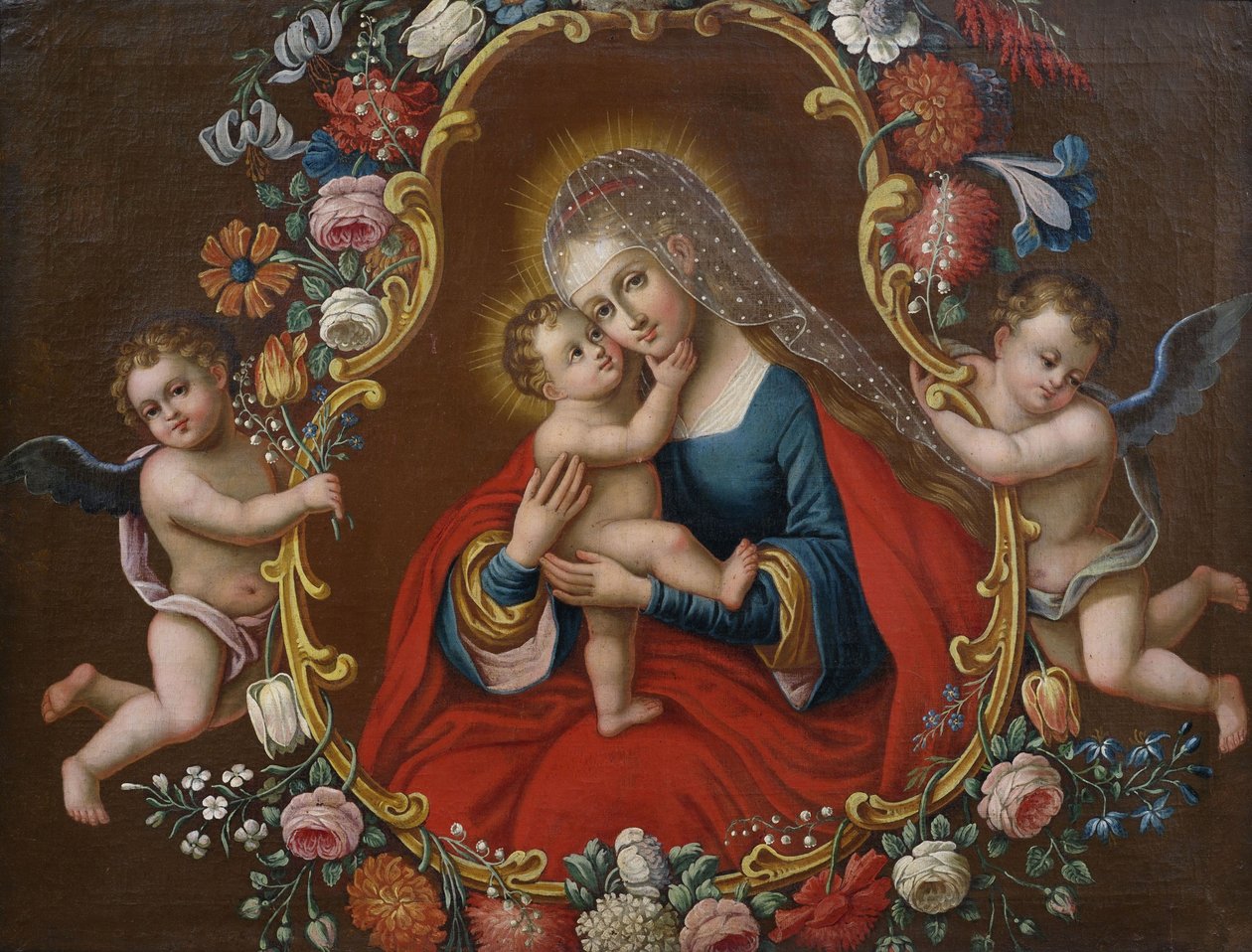 Maria a gyerekkel (Maria Hilf típus Cranach után), angyalok által hordott virágfüzérrel alkotó: Unbekannt Unbekannt