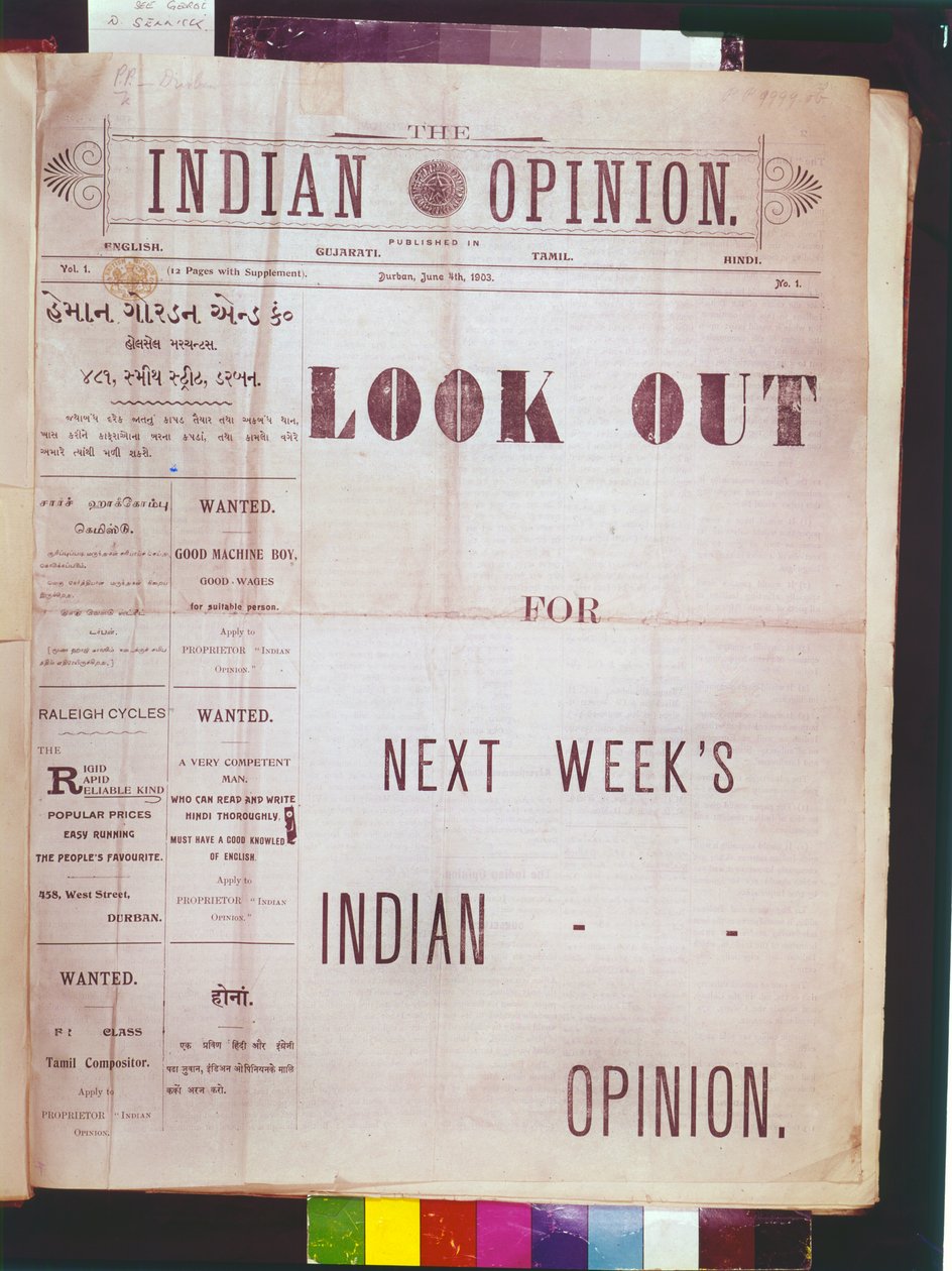 A „The Indian Opinion” első számának címlapja, 1903. június 4. (újságpapír) alkotó: Unbekannt Unbekannt