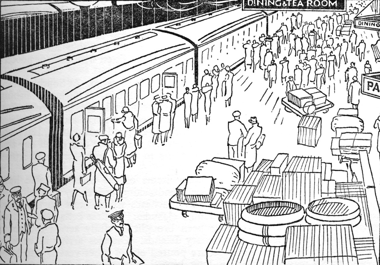 Egy 1930-as évekbeli vasútállomás illusztrációja, 1937 alkotó: Unbekannt