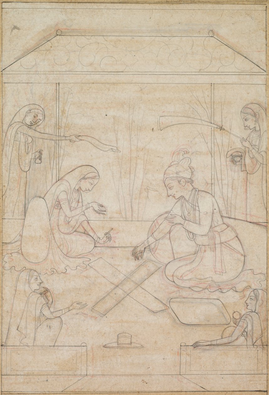 Chaupar-t játszó pár a teraszon, c. 1790-1800. alkotó: Unbekannt
