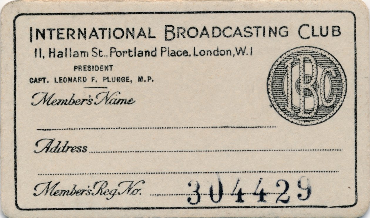 International Broadcasting Club: tagsági kártya, 1930-as évek alkotó: Unbekannt