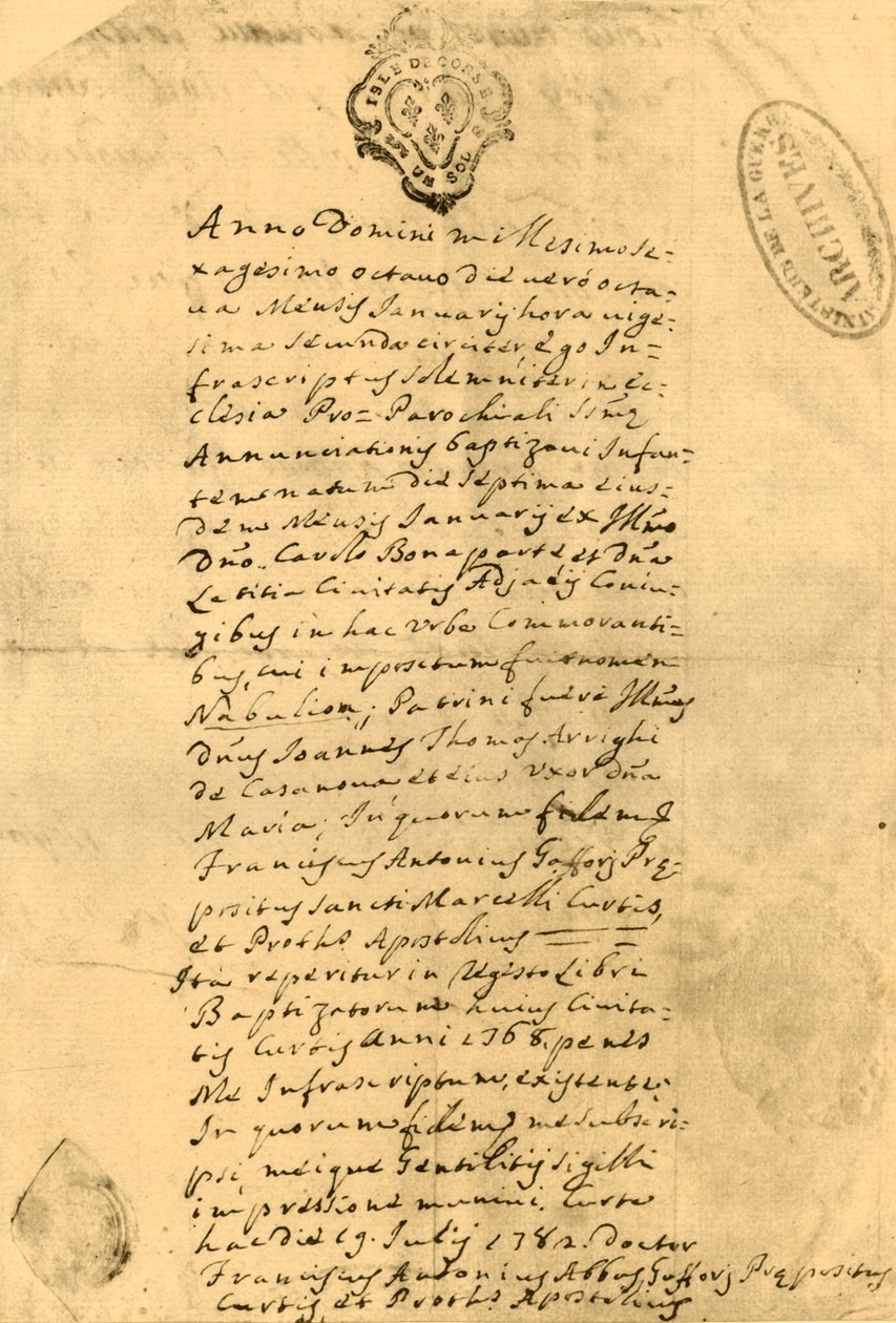 Napóleon születési anyakönyvi kivonata, 1771. július 21., 1921. alkotó: Unbekannt