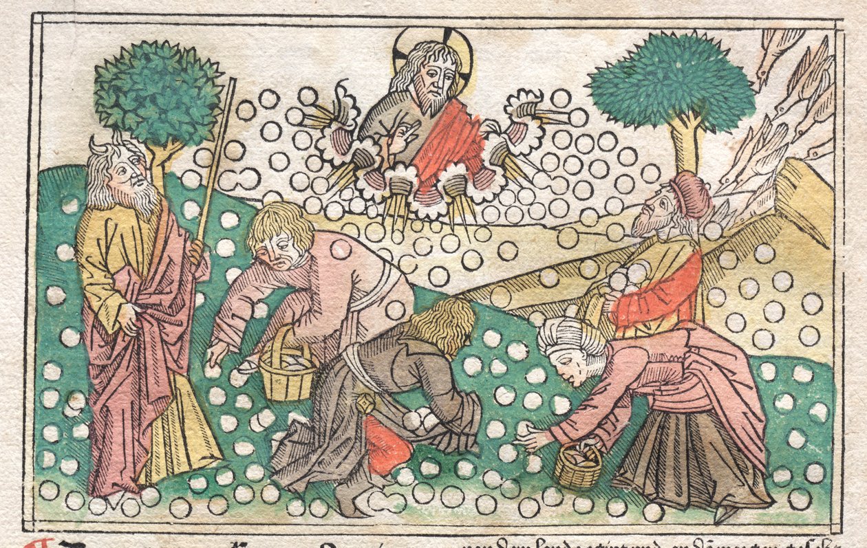 Nürnbergi Biblia: Az égből hulló manna, 1400-as évek. alkotó: Unbekannt