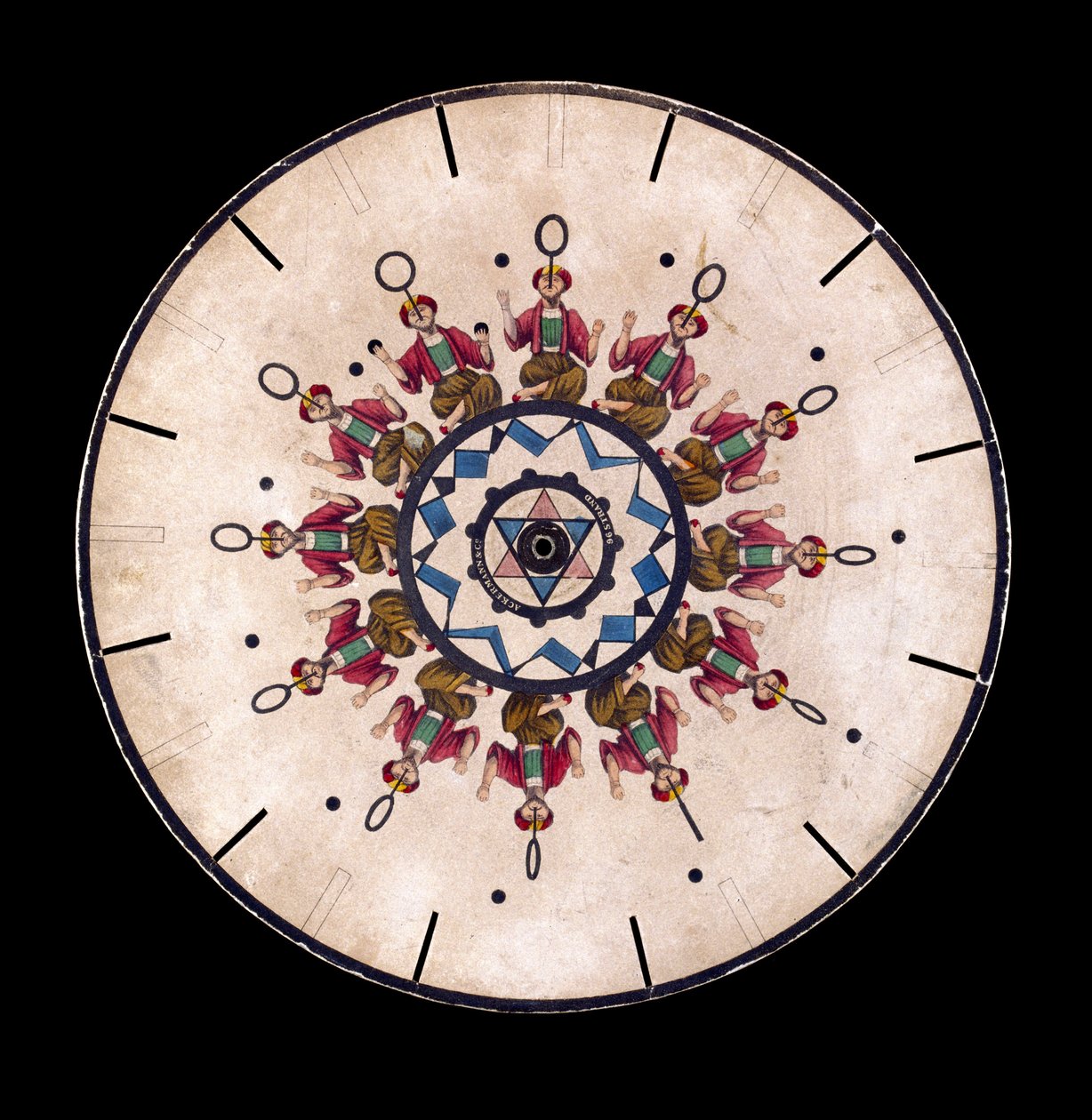 Phenakistiscope (Phenakistoscope) korong egy zsonglőrt ábrázol, 1830 körül alkotó: Unbekannt